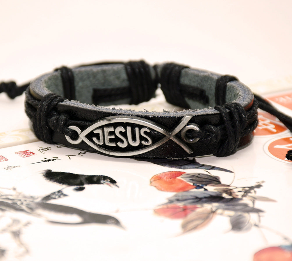Bracelet En Cuir Avec Petit Poisson De Jésus