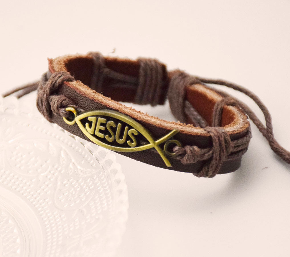 Bracelet En Cuir Avec Petit Poisson De Jésus