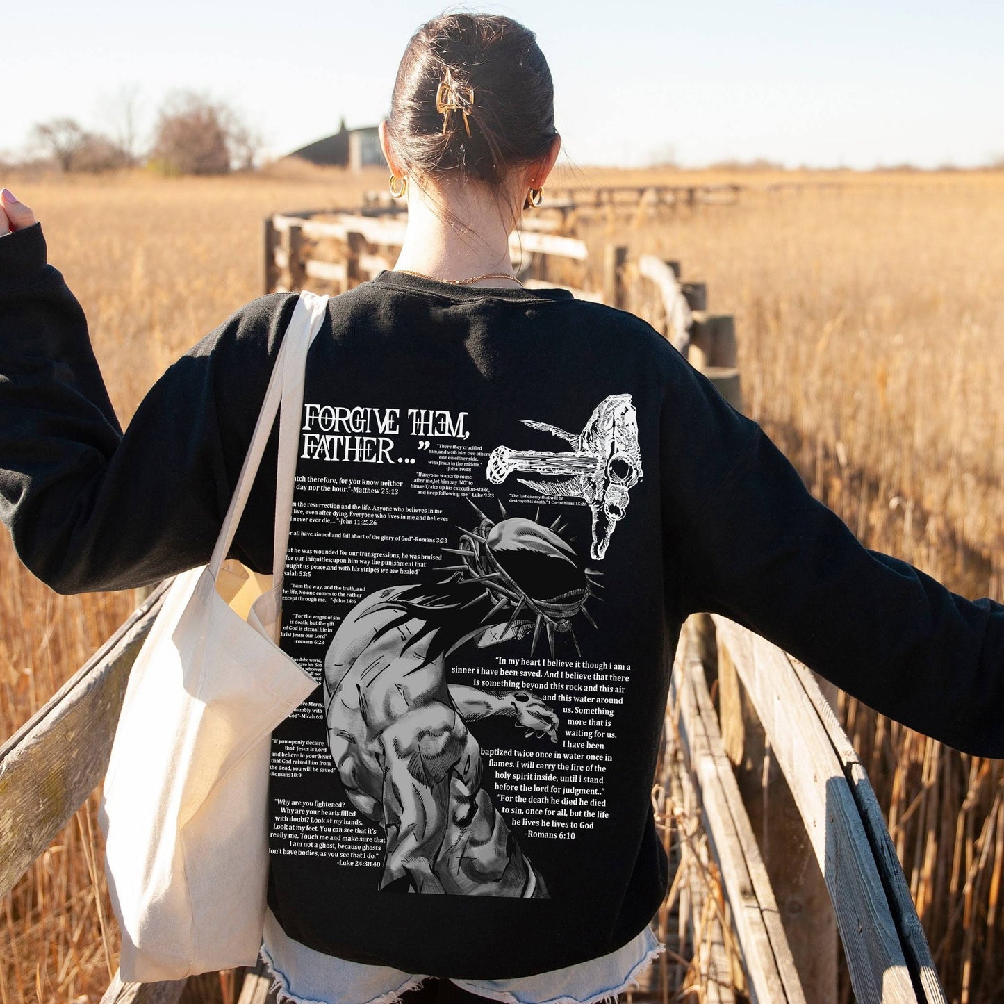 Hoodie Brossé Imprimé Jésus à Col Rond