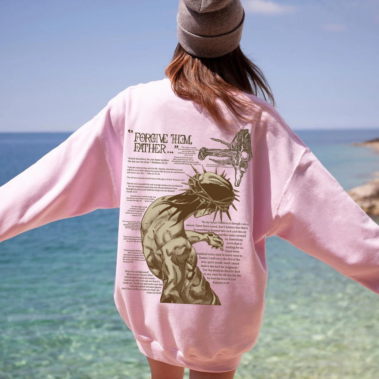 Hoodie Brossé Imprimé Jésus à Col Rond