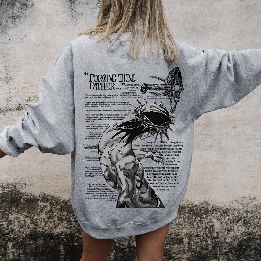 Hoodie Brossé Imprimé Jésus à Col Rond