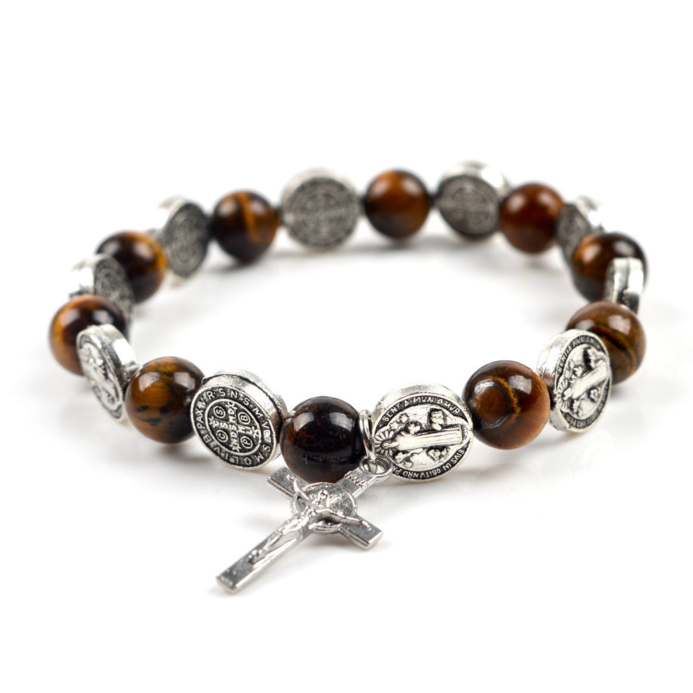 Jesus Cross and Tiger Eye Beads Bracelet