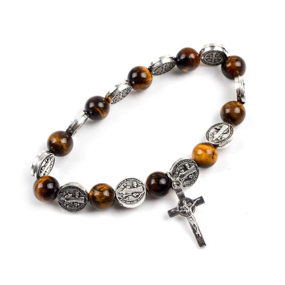 Jesus Cross and Tiger Eye Beads Bracelet