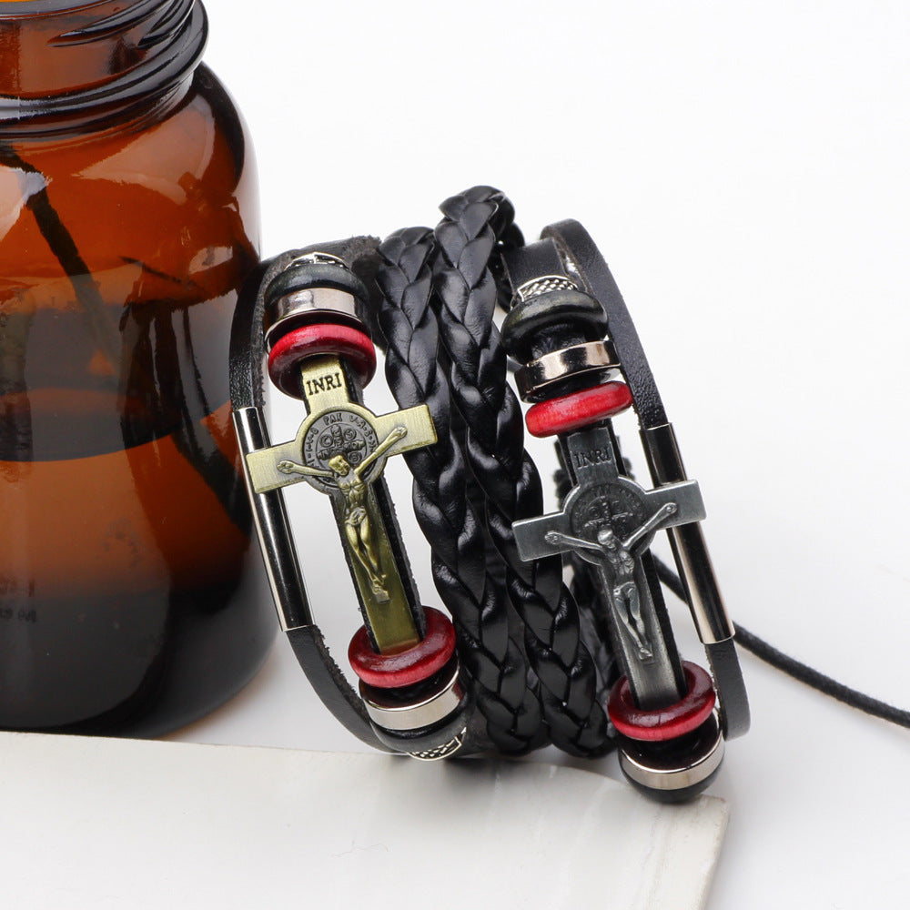 Vintage Leather Bracelet with Jesus Cross