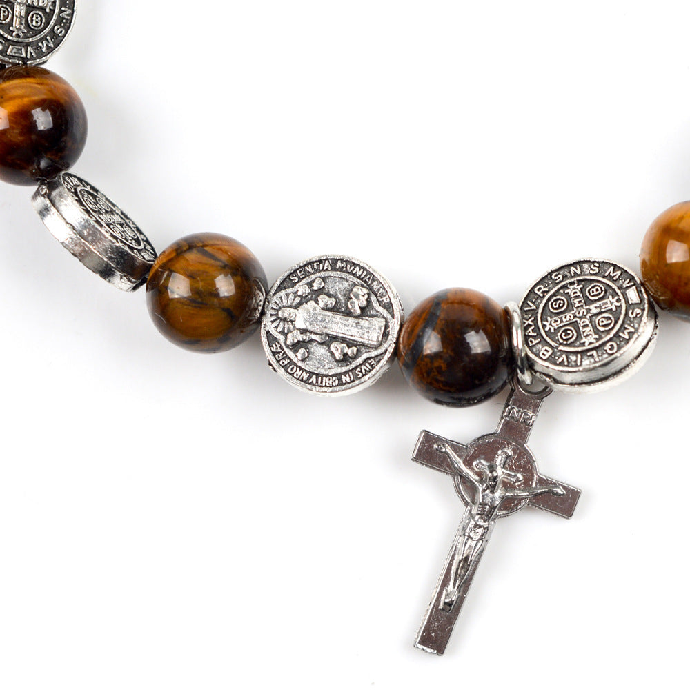 Jesus Cross and Tiger Eye Beads Bracelet